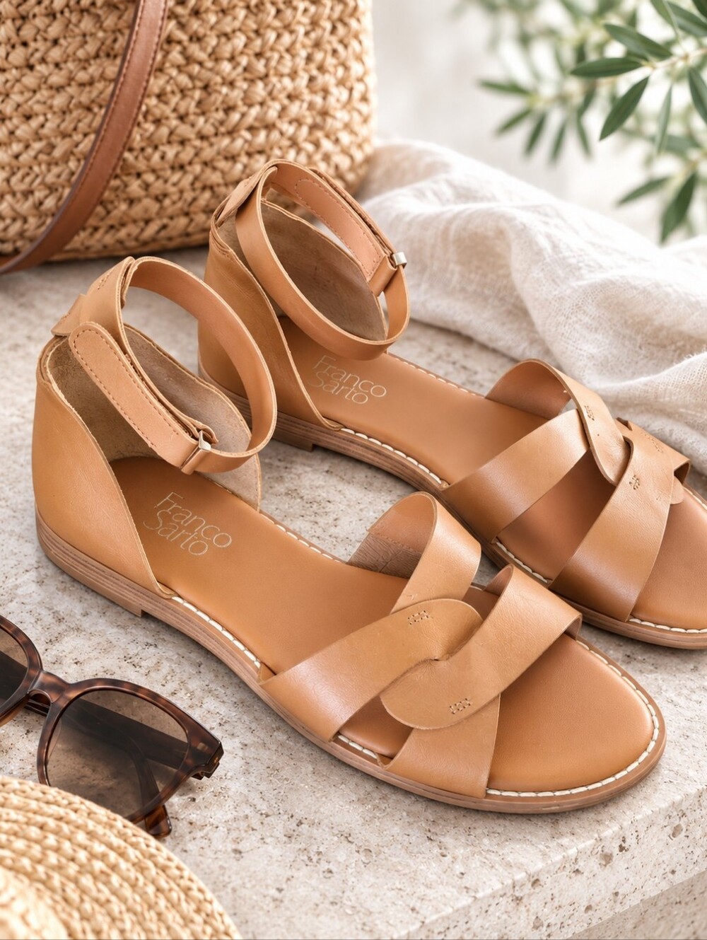 Franco Sarto Cognac Leather Ankle Strap Flat Sandals 8.5